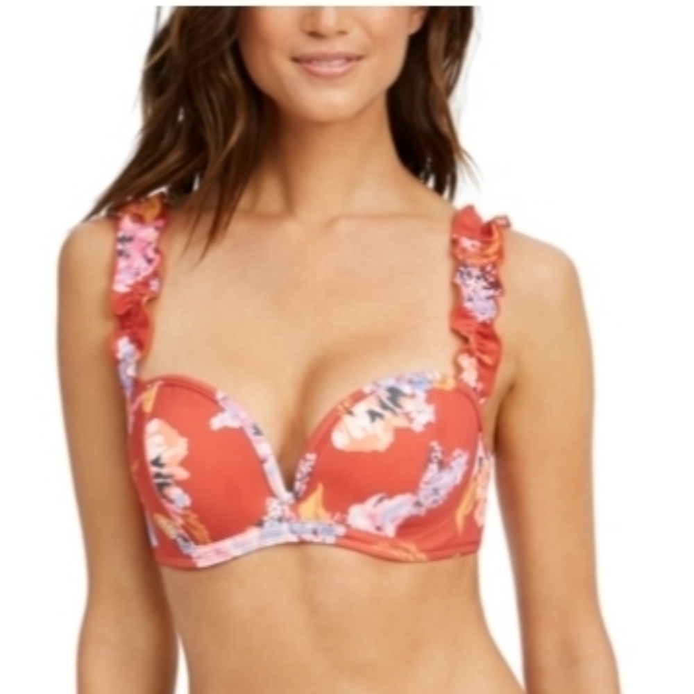 SUNDAZED  Orange Floral Bra-Sized Sweetheart Neck Swimsuit Top